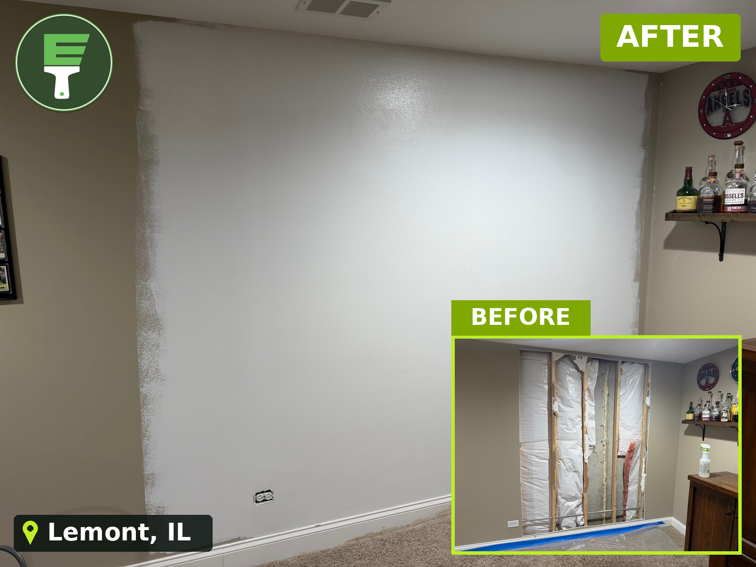 Before-and-after photos of a Lemont, IL wall repair, showing the opened wall and the finished primer stage