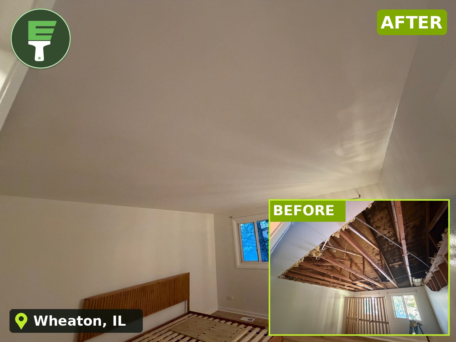 Wheaton, IL ceiling repair before and after, with EasyPatch logo: finished ceiling and inset of exposed framing
