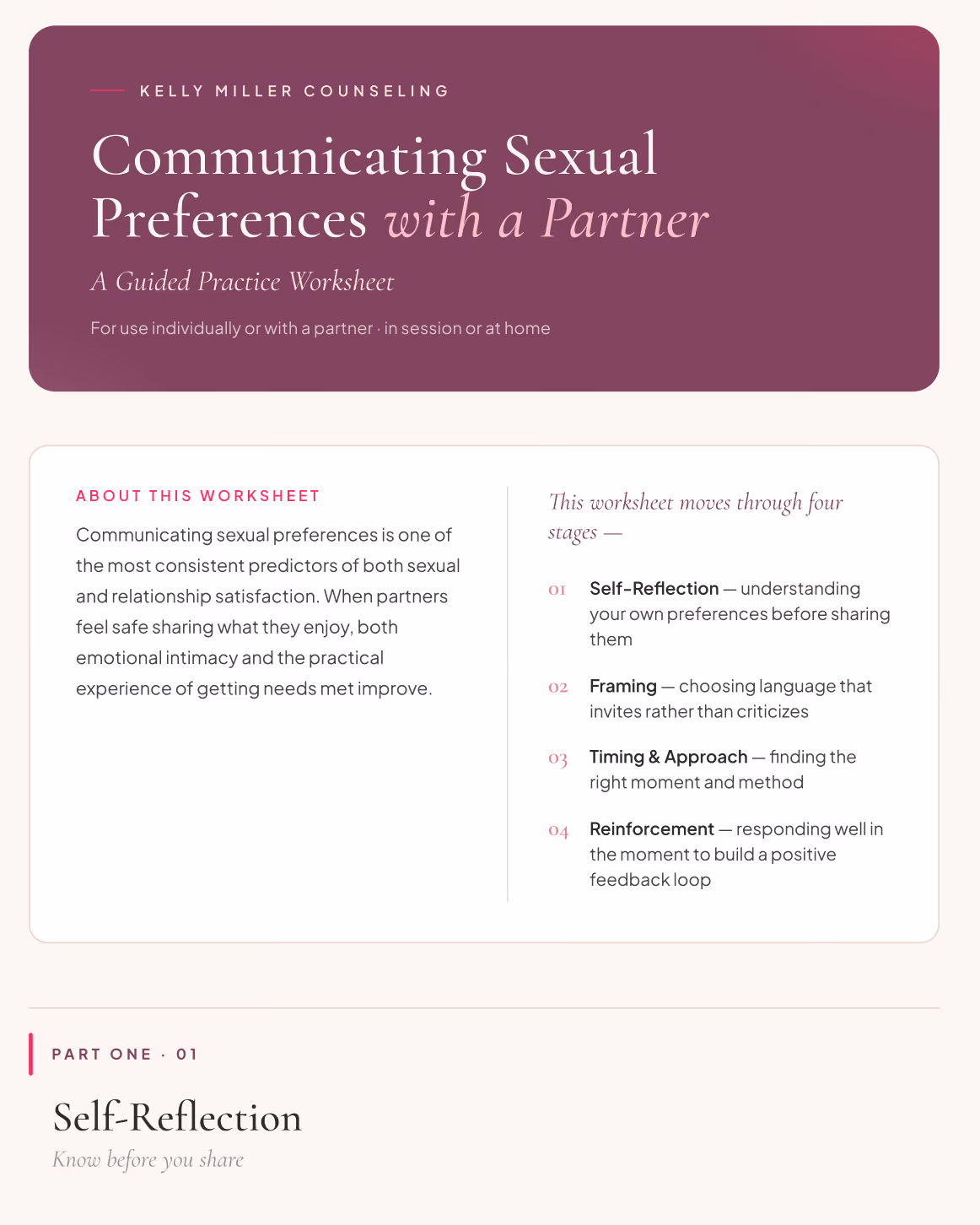 Cover for worksheet on communicating sexual preferences with a partner, focusing on self-reflection stage.
