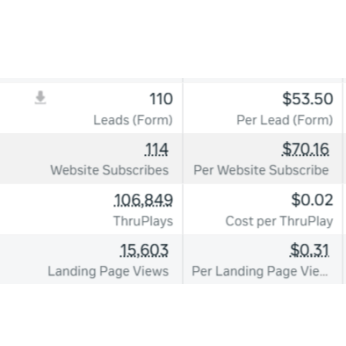 Table showing marketing metrics: 110 Leads (Form) at $53.50 per lead, 114 Website Subscribes at $70.16 each, 106,849 ThruPlays at $0.02 cost per ThruPlay, and 15,603 Landing Page Views at $0.31 per view.