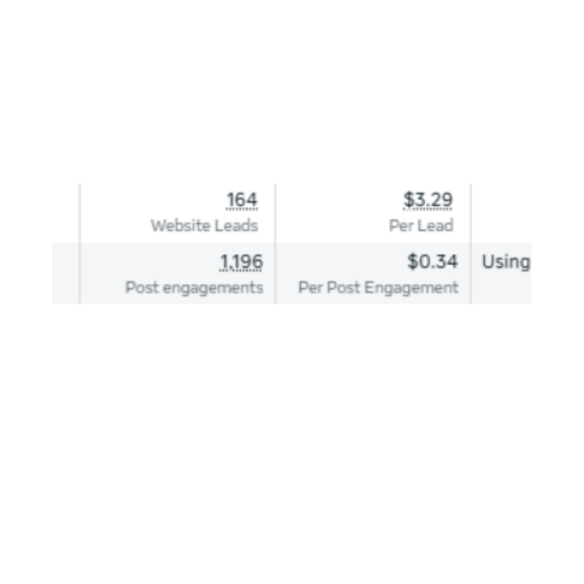 Table showing 164 website leads at $3.29 per lead and 1,196 post engagements at $0.34 per post engagement.