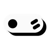 Abstract black and white logo with a round dot and two parallel lines on a curved rectangular shape.