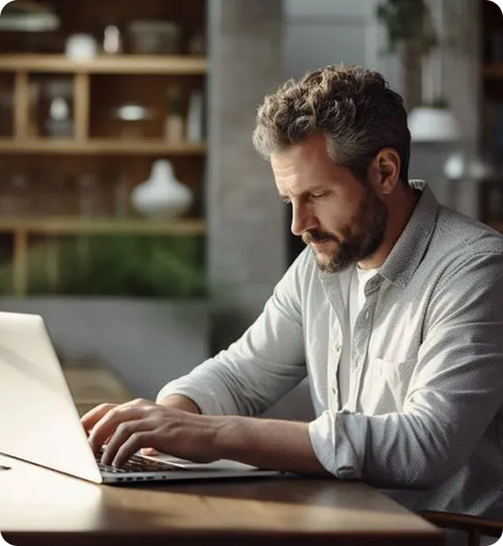 Bearded man with curly hair wearing a light gray shirt, typing on a laptop at a wooden table in a softly lit room with shelves and decorative items in the background.