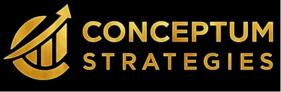 Conceptum Strategies logo with a gold upward arrow intertwined with three ascending bars on a black background.