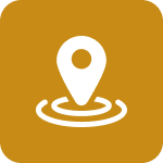 White location pin icon over circular rings on a mustard yellow rounded square background.