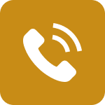 White telephone handset with sound waves icon on a mustard yellow square background with rounded corners.