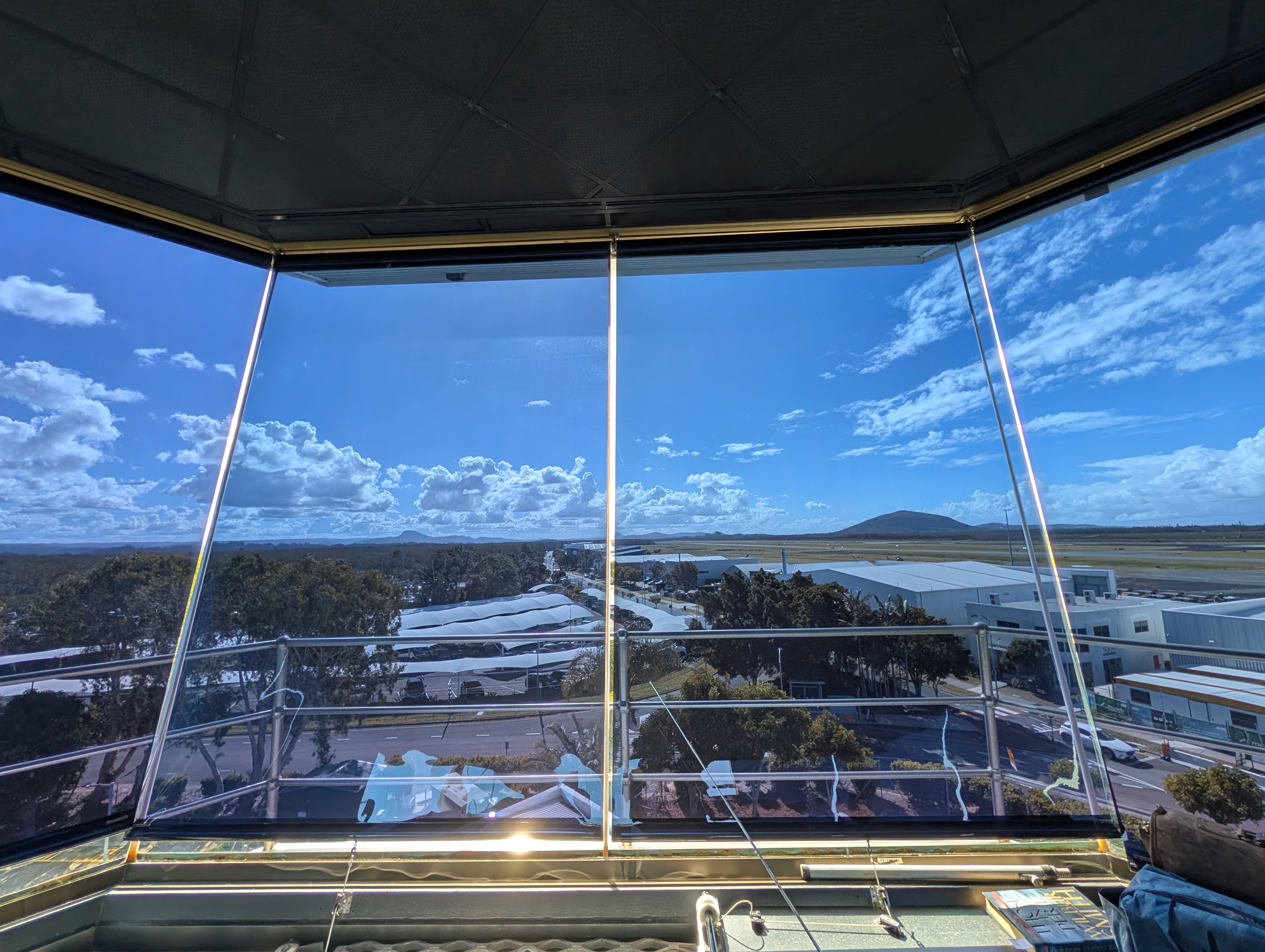 Reflective solar blinds installed in an air traffic control tower