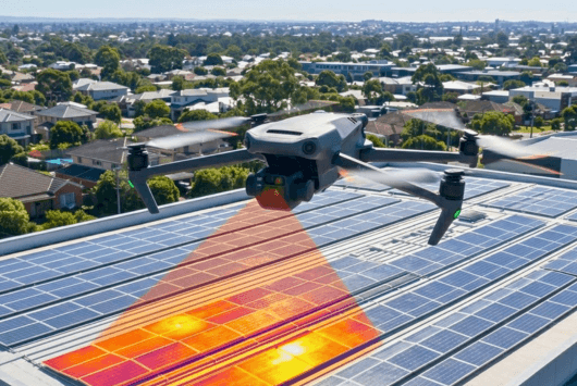 Drone flying over solar panels on a rooftop, using thermal imaging to detect heat variations.