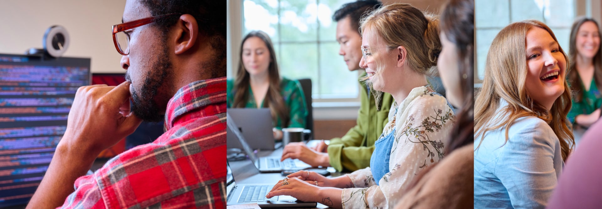 Three images of people working together in the MESH office.