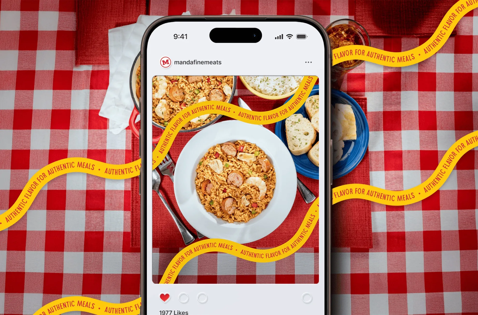 Mockup of a Manda Fine Meats social posts on a red checker table cloth