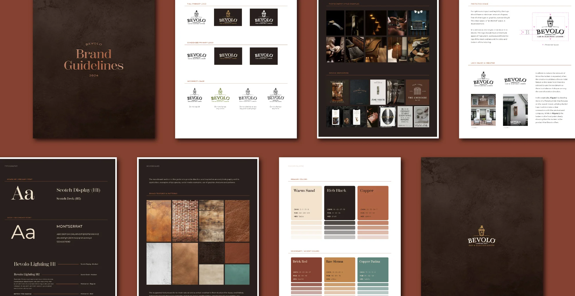 Collage of pages from the Bevolo brand guidelines document