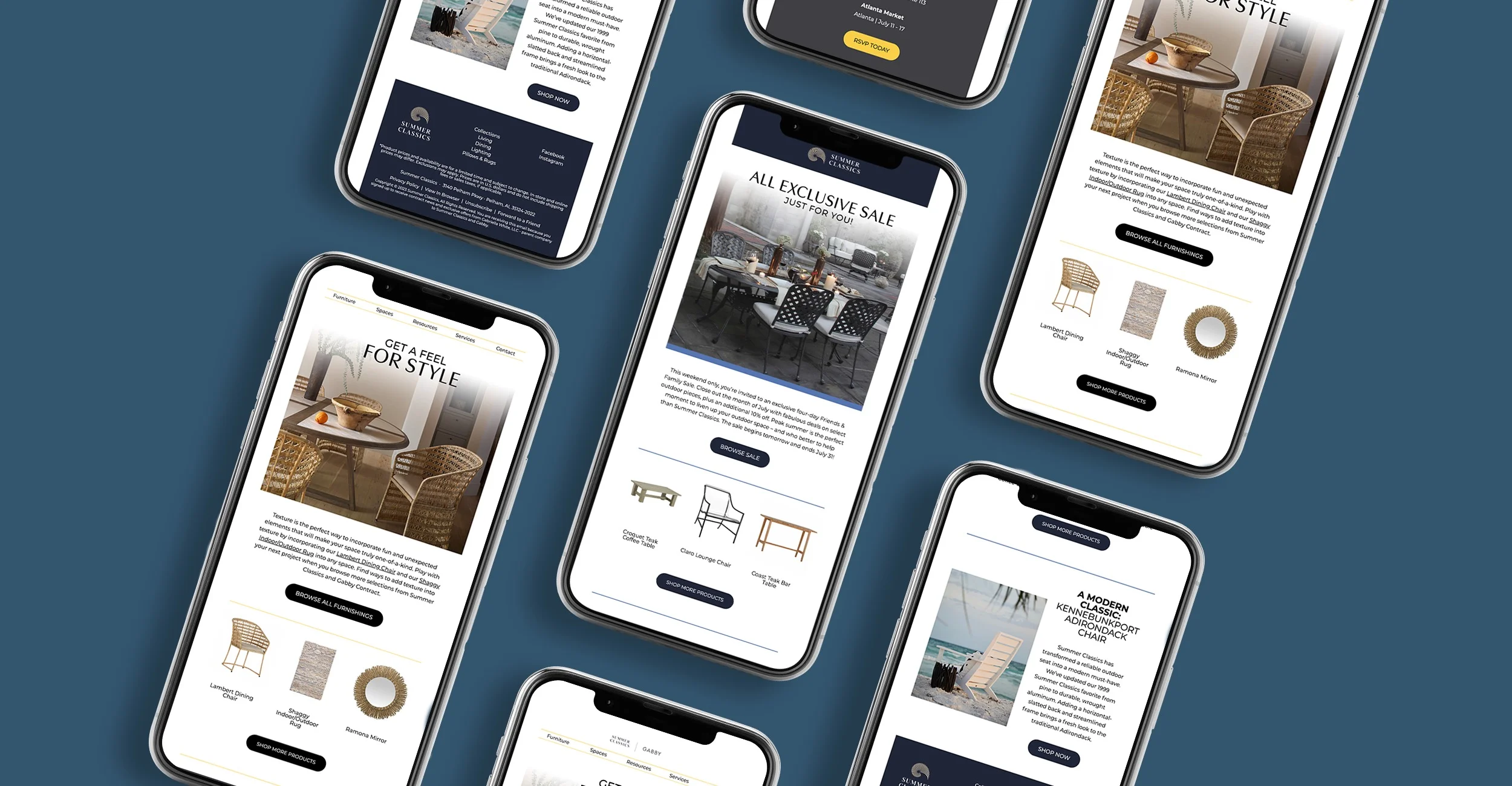 A row of iphones with Gabby and Summer Classics email newsletters
