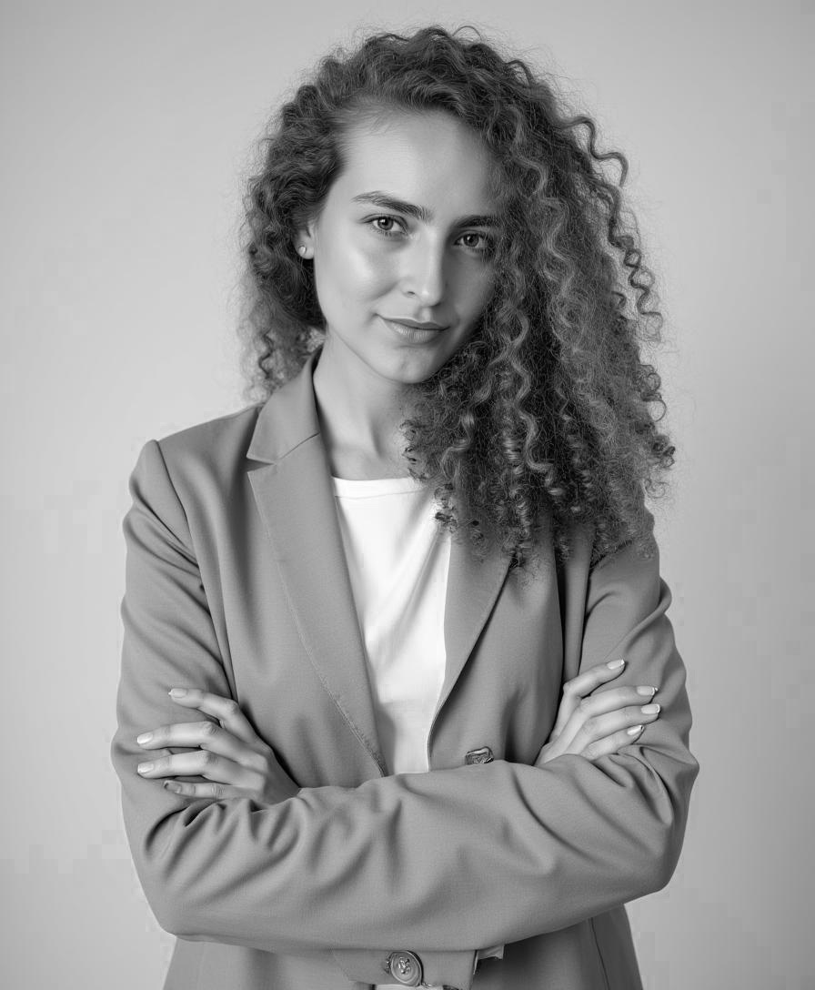 Confident woman with long curly hair wearing a blazer and white top, standing with arms crossed.