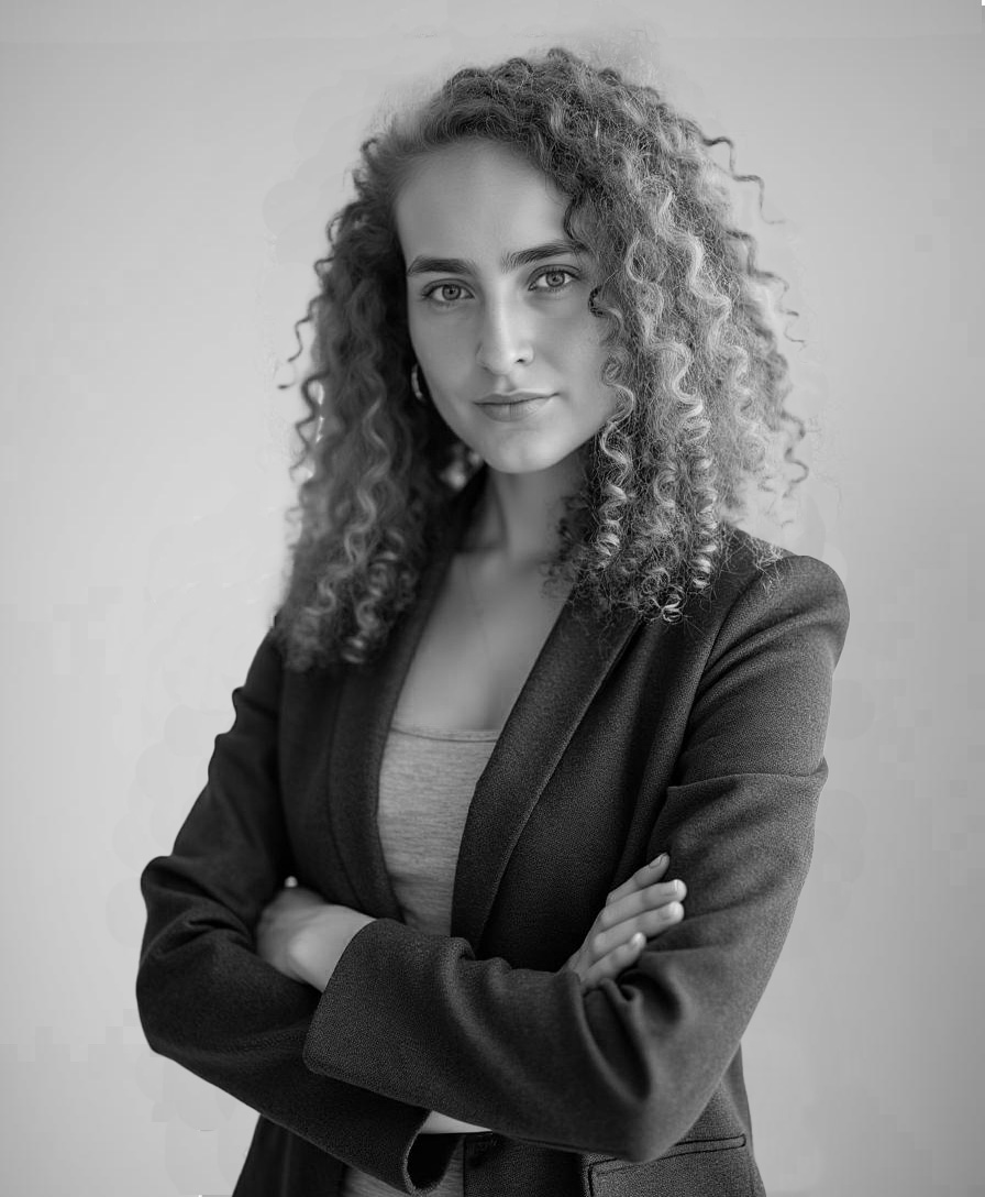 Black-and-white portrait of a woman with curly hair wearing a blazer and crossing her arms.