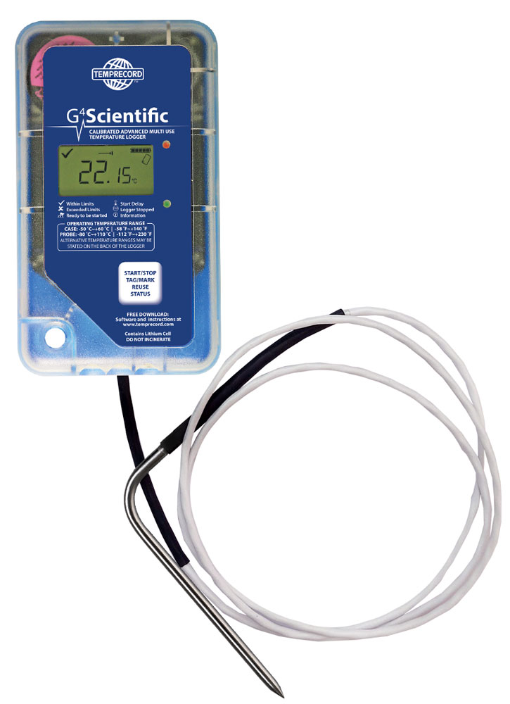 Temprecord G4 Scientific calibrated advanced multi-use temperature logger with digital display and attached bent metal probe with white cable.