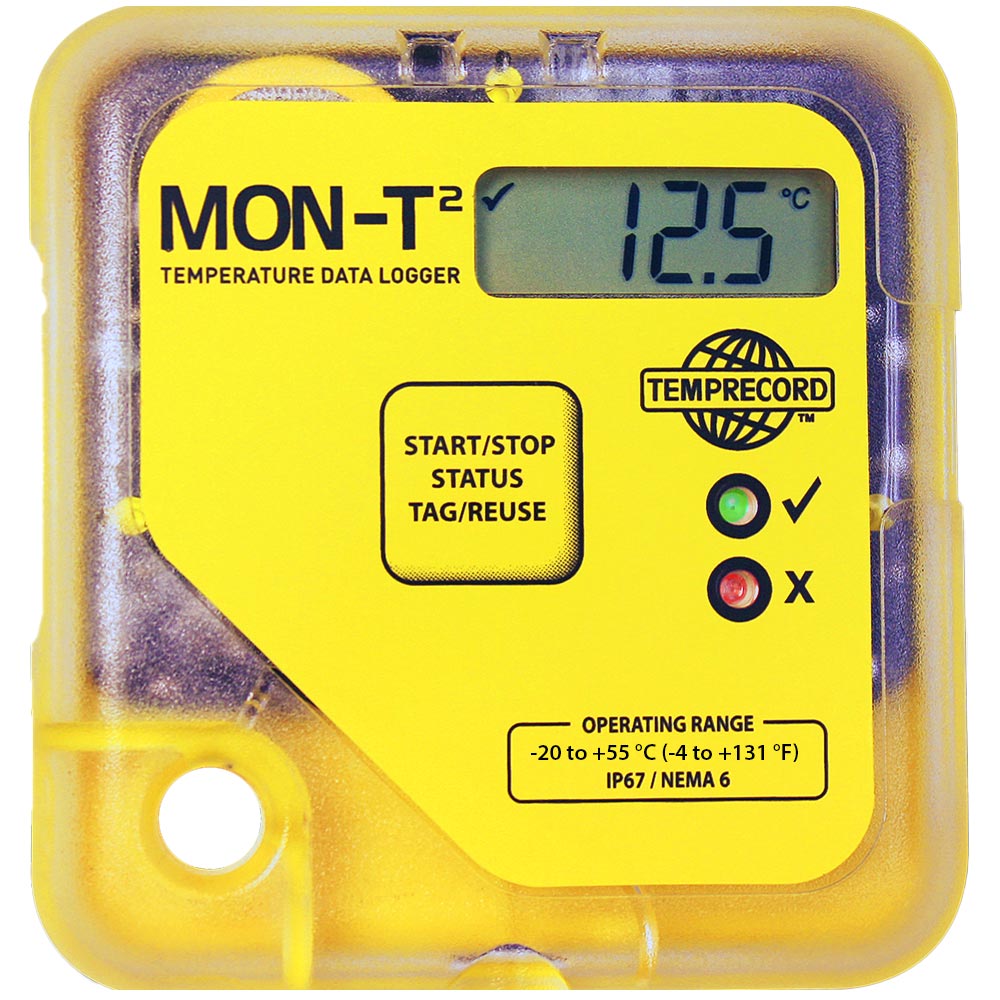 Yellow MON-T2 temperature data logger displaying 12.5°C with start/stop and status button, and IP67/NEMA 6 rating.