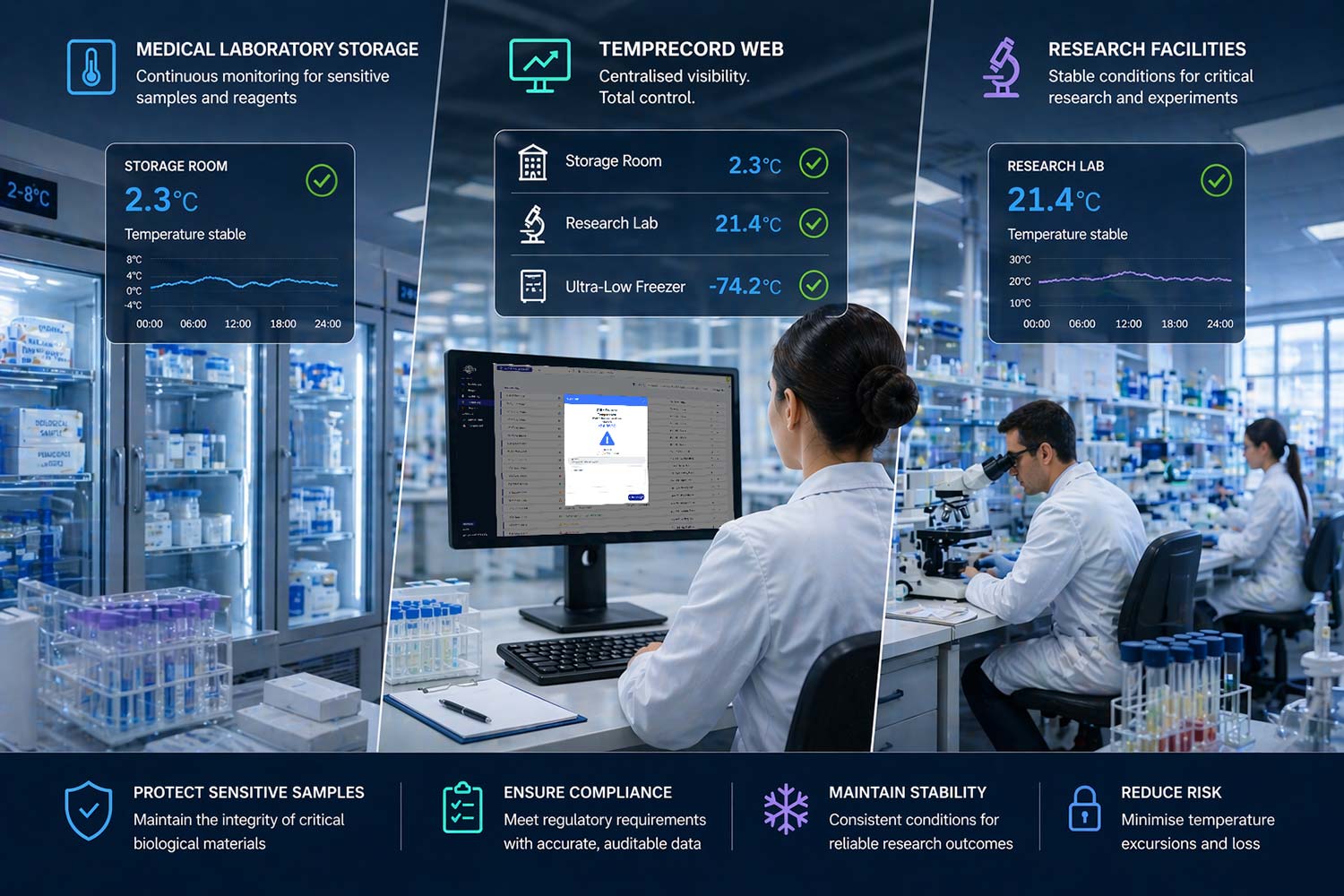 Laboratory scene with scientists working and digital temperature monitoring displays for storage room and research lab showing stable temperatures.