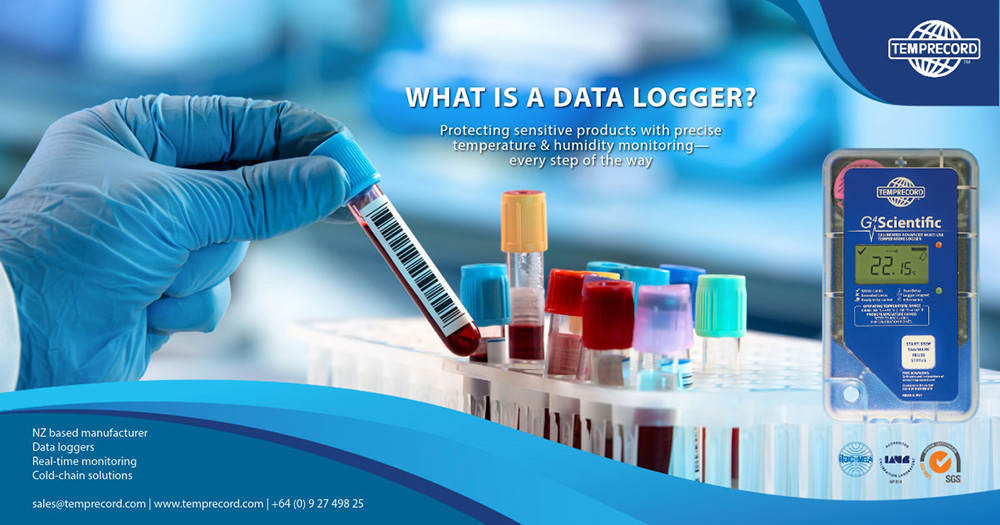 Gloved hand holding a blood sample tube with barcode over a rack of colourful capped test tubes, alongside a Temprecord G4 Scientific data logger device displaying temperature 22.15°C.
