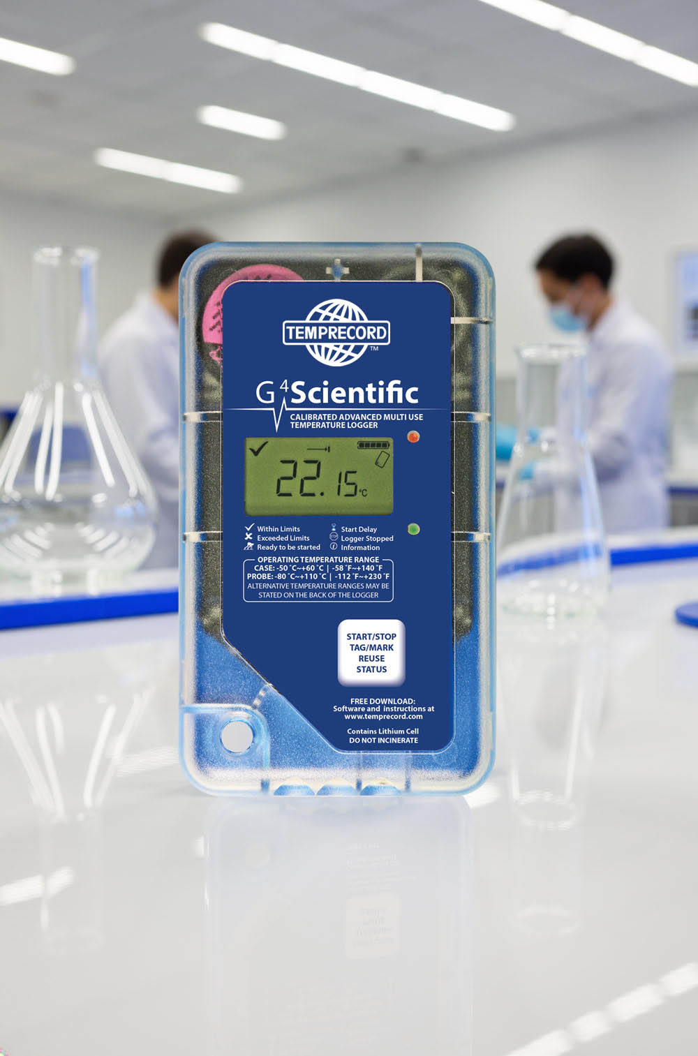 Temprecord G4 Scientific calibrated advanced multi-use temperature logger displaying 22.15°C in a laboratory setting with scientists in the background.