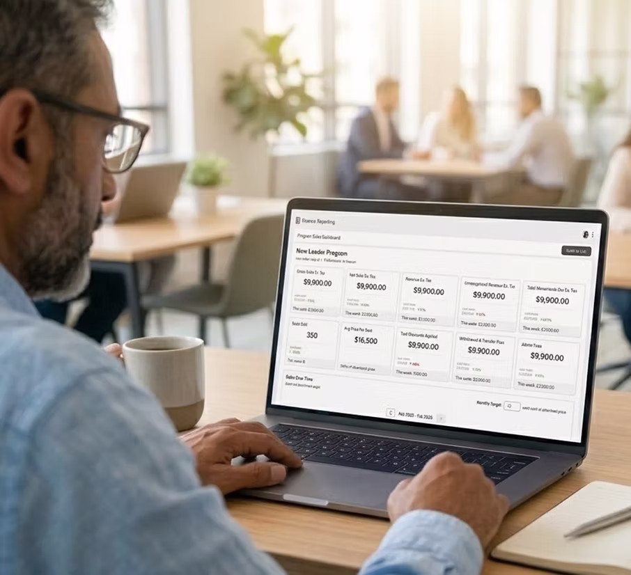 Man in glasses working on a laptop displaying a financial dashboard with various monetary figures and stats, holding a white mug in an office setting.