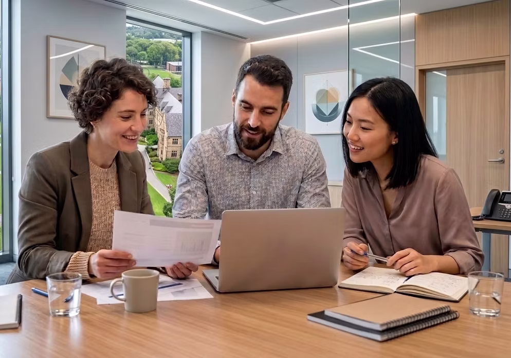 Three colleagues smiling and discussing documents around a laptop in a modern office.