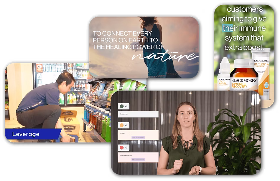 Collage of four images: a person stocking shelves in a store, a woman standing and explaining in front of a curtain and plant, a woman in a blue dress with the text about connecting people to nature's healing power, and Blackmores immune system products with a text about boosting the immune system.