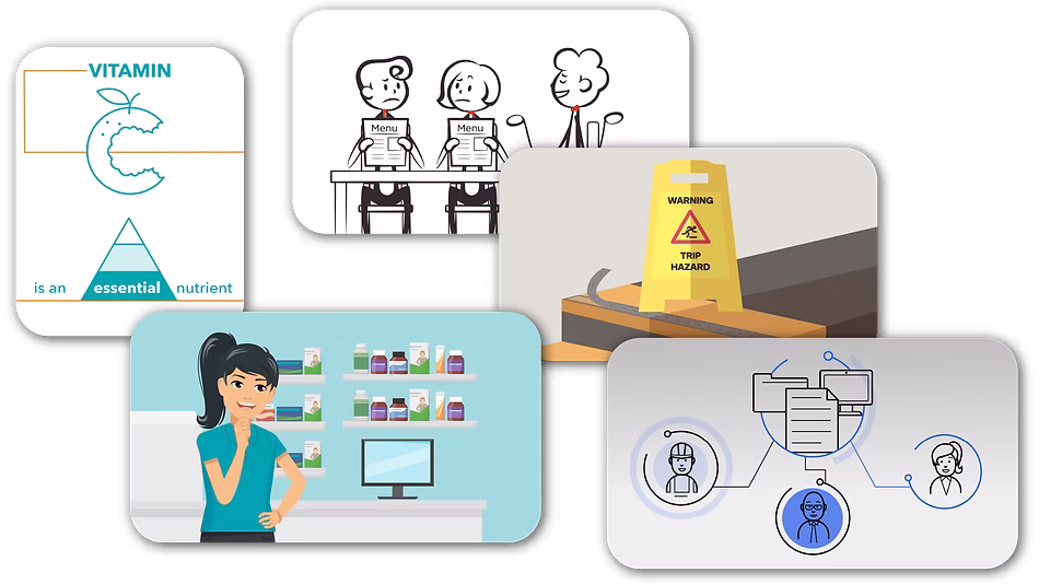 Collage of five illustrations showing vitamin C as an essential nutrient, two people reading menus and a waiter, a wet floor trip hazard sign, a woman thinking in a pharmacy, and a network diagram connecting three people with documents and computers.
