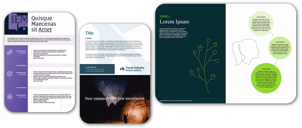 Collage of infographic-style slides: one with purple icons and text blocks, one with a light background and travel theme featuring a night sky photo and Travel Industry Association logo, and one dark teal slide titled 'Topic 1 Lorem Ipsum' with botanical line art and green speech bubbles containing placeholder text.