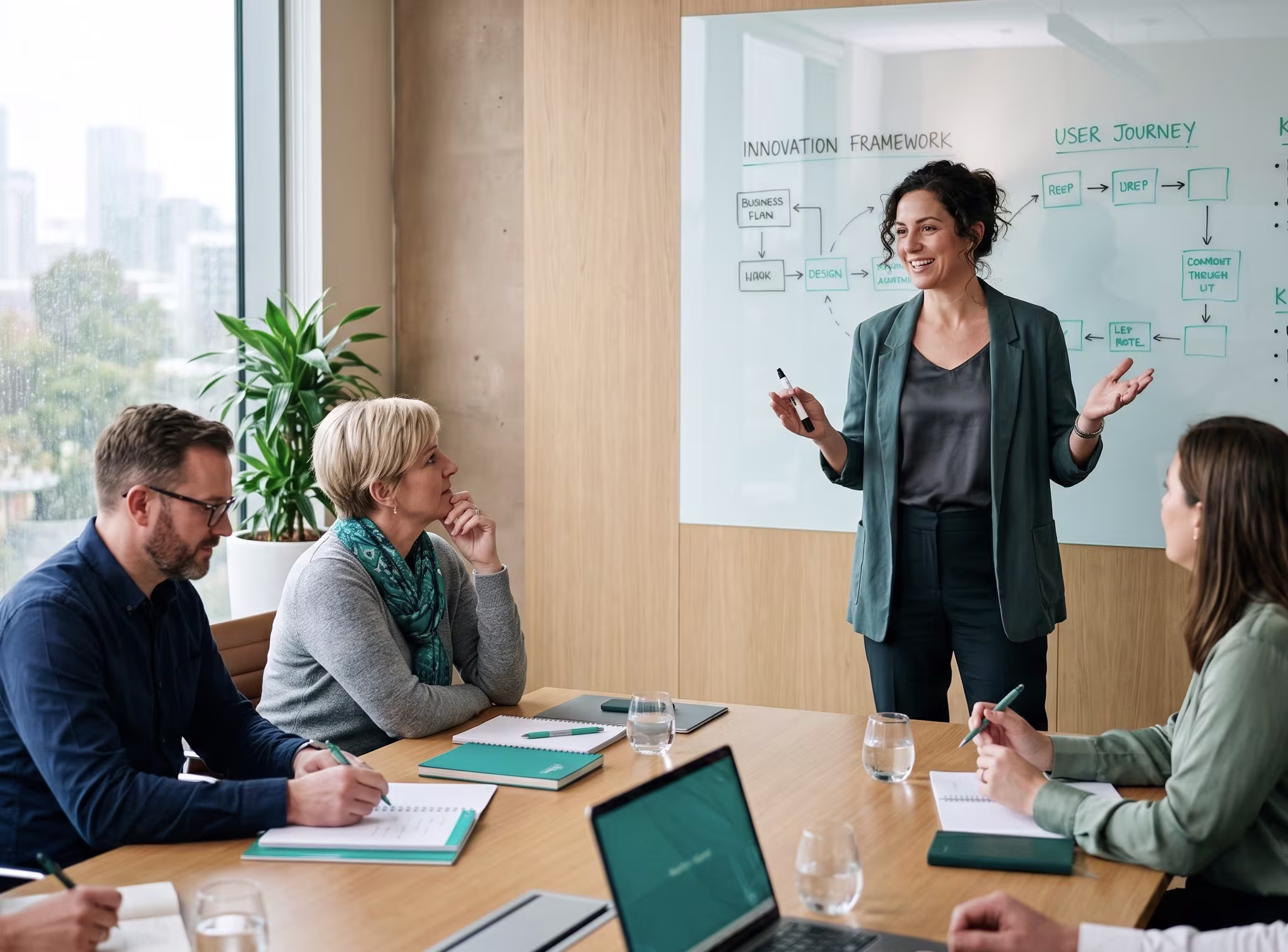Businesswoman leading a meeting and explaining an innovation framework on a whiteboard to three attentive colleagues around a conference table.