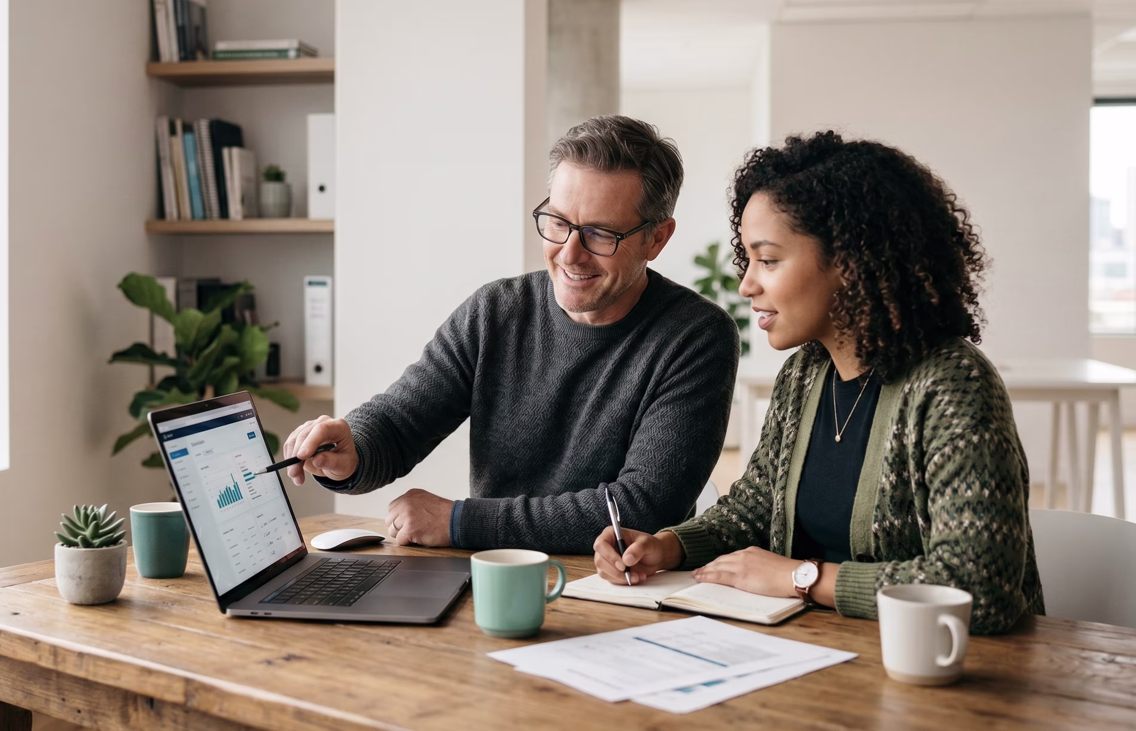 Man and woman working together at a wooden table, looking at a laptop screen displaying statistics while taking notes.