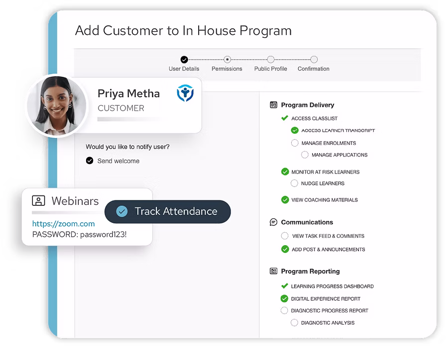 User interface screen for adding customer Priya Metha to In House Program with permissions for program delivery, communications, and reporting, including options like access classlist and track attendance.