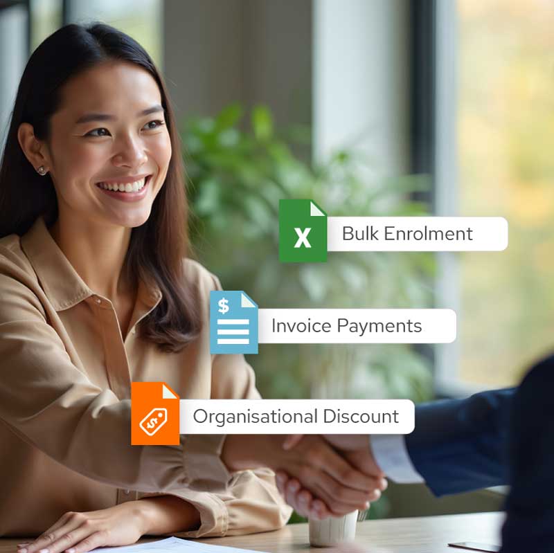 An image of a customer being excited about bulk enrolment, invoice payments and organisational discount options offered by Guroo Academy