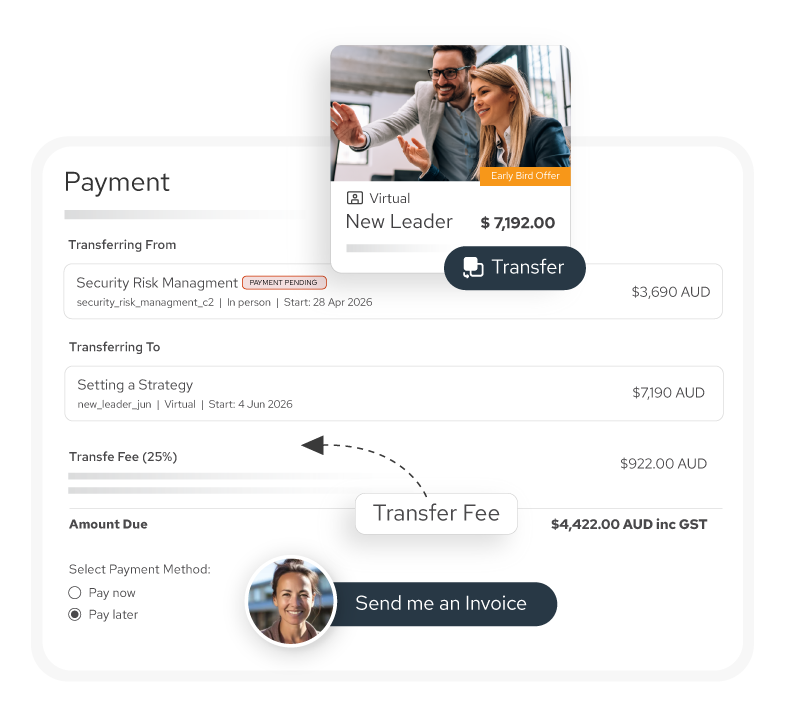 Payment interface showing transfer from 'Security Risk Management' in person course costing $3,690 AUD to 'Setting a Strategy' virtual course costing $7,190 AUD, with a 25% transfer fee of $922 AUD and total amount due $4,422 AUD including GST; options to pay now or later, and a 'Send me an Invoice' button with a smiling woman's photo.