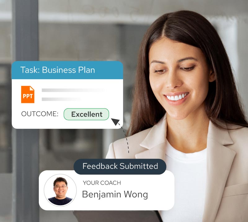 Smiling woman holding a tablet, with an overlay showing a business plan task marked as excellent and feedback submitted by coach Benjamin Wong.