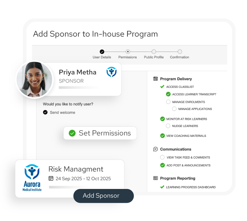 User interface screen showing adding sponsor Priya Metha to In-house program Risk Management with permissions settings and program delivery options.