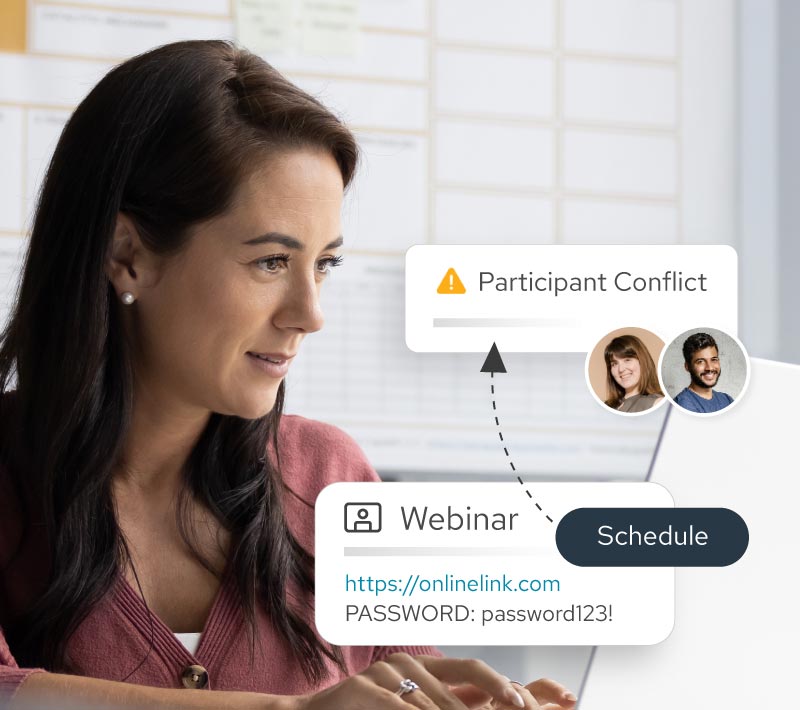 Woman looking at laptop screen with webinar scheduling interface showing participant conflict warning and schedule button.