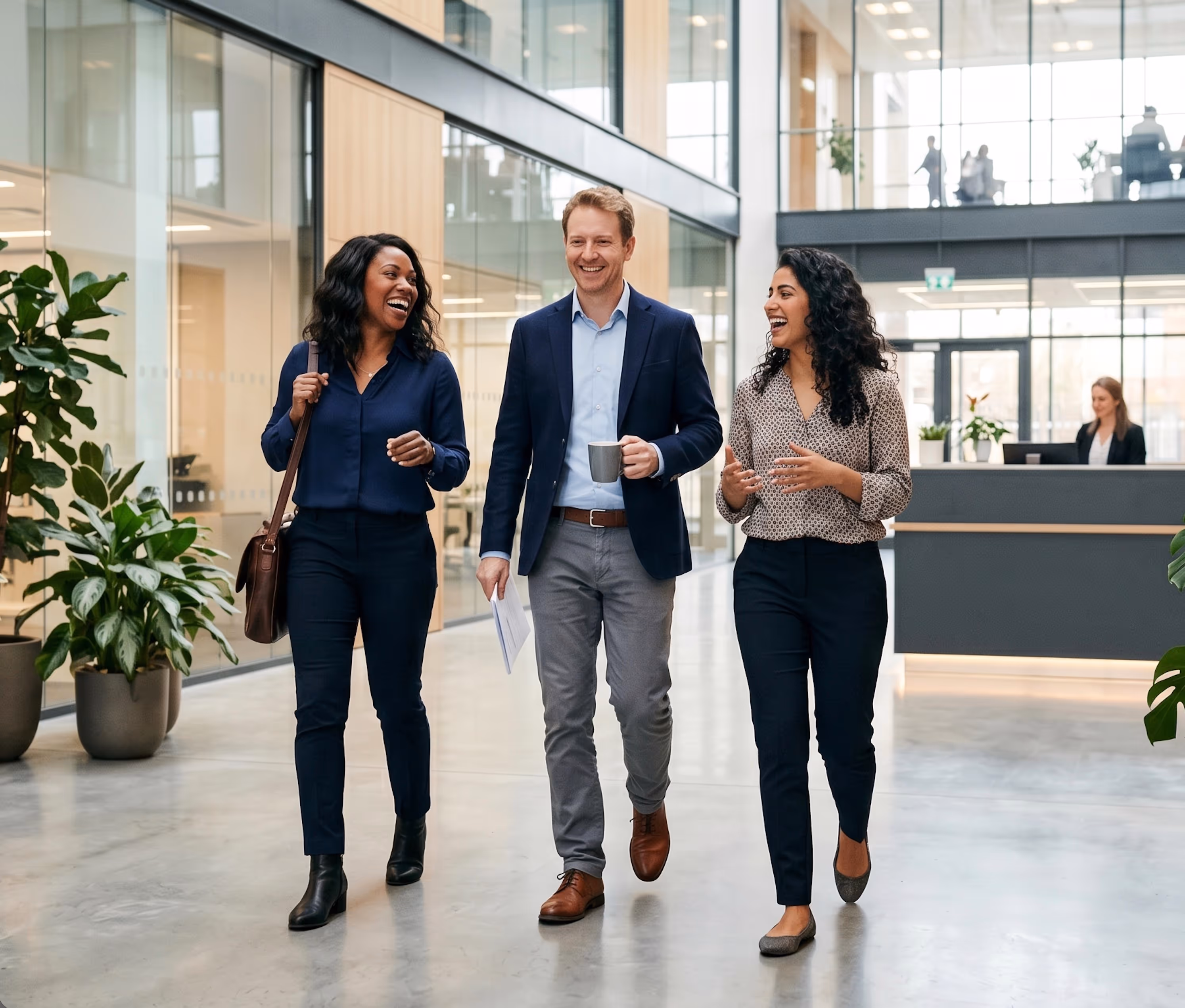 Three professionally dressed colleagues smiling and walking through a modern office lobby with plants and glass walls.