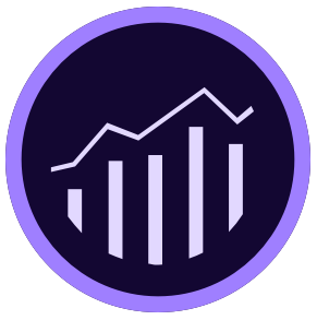 Circular purple icon with bar chart and line graph representing data analytics.