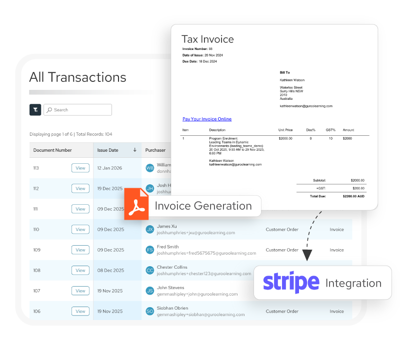 User interface showing a list of transactions with document numbers, issue dates, and purchaser names, alongside an overlay of a tax invoice highlighting invoice generation and integration with Stripe payment processing.