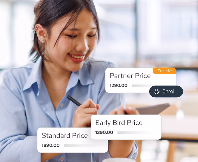 Young woman smiling and using a stylus on a tablet with pricing options labeled Partner Price, Early Bird Price, and Standard Price displayed.