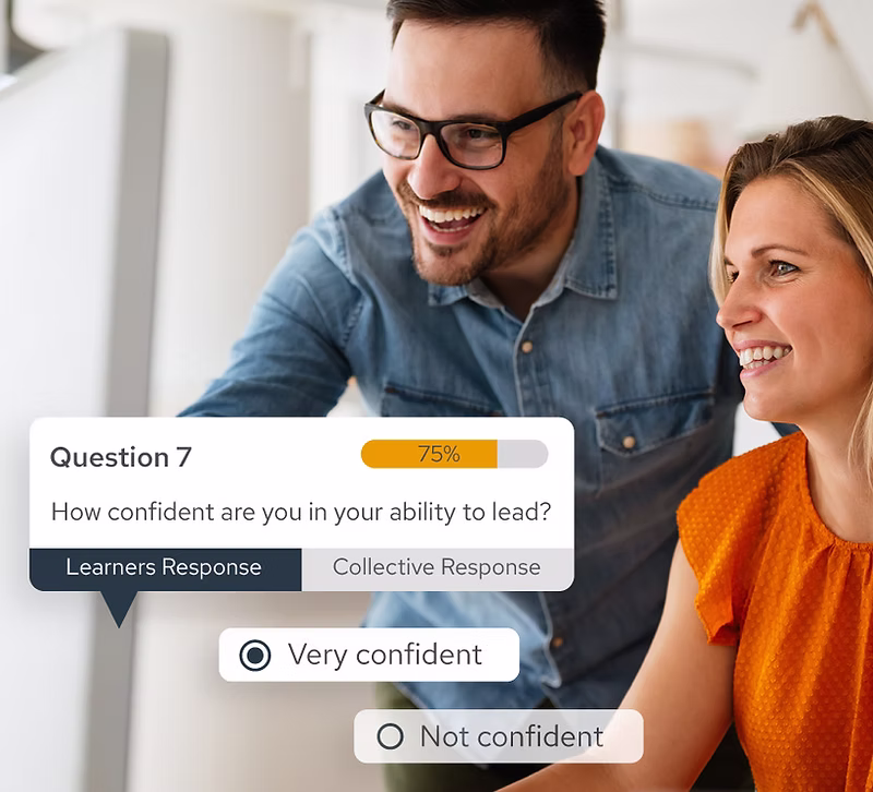 Man and woman smiling and looking at a screen with a leadership confidence survey showing 75% progress and options for very confident or not confident.