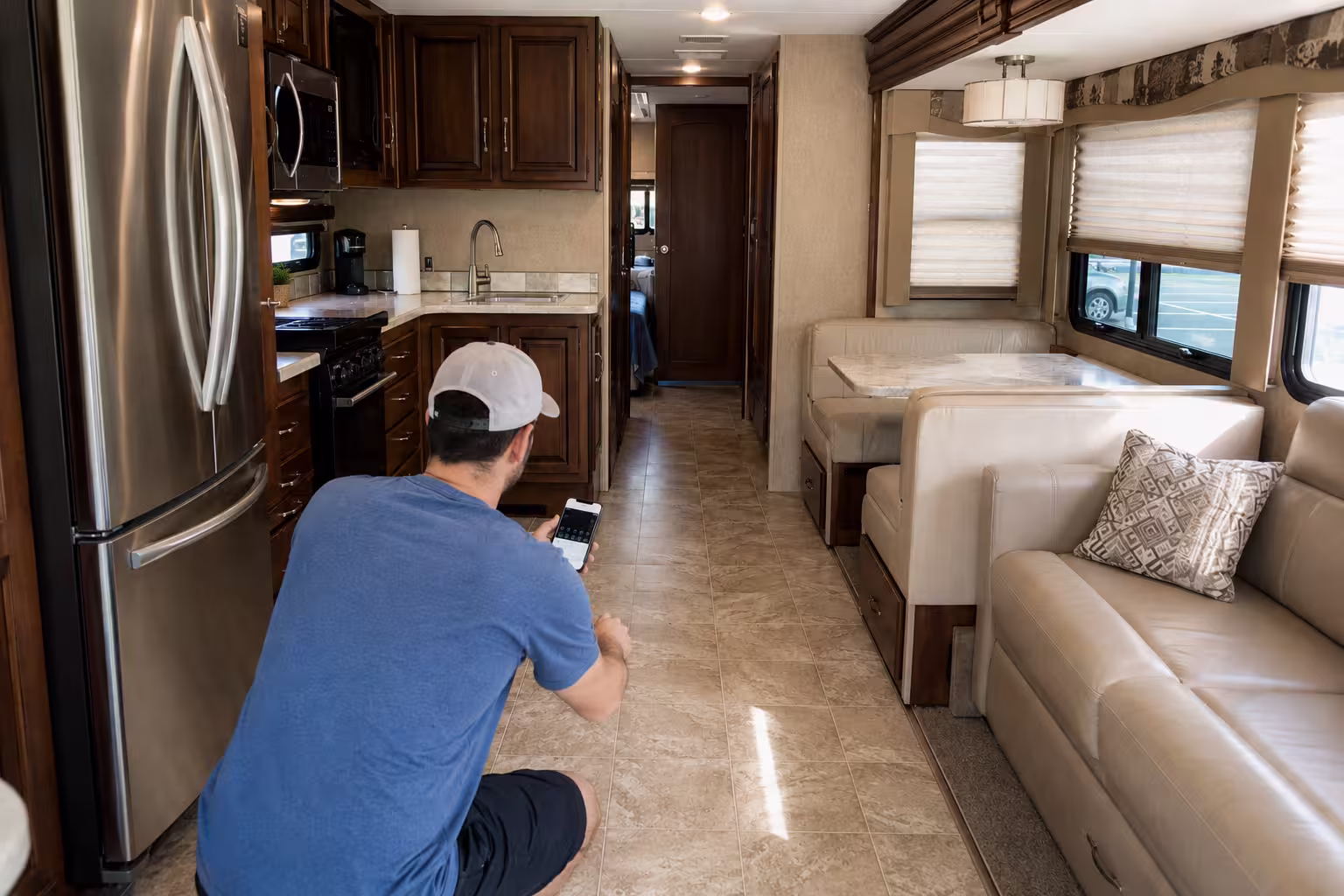 Class A motorhome interior with slide-out extended and full kitchen