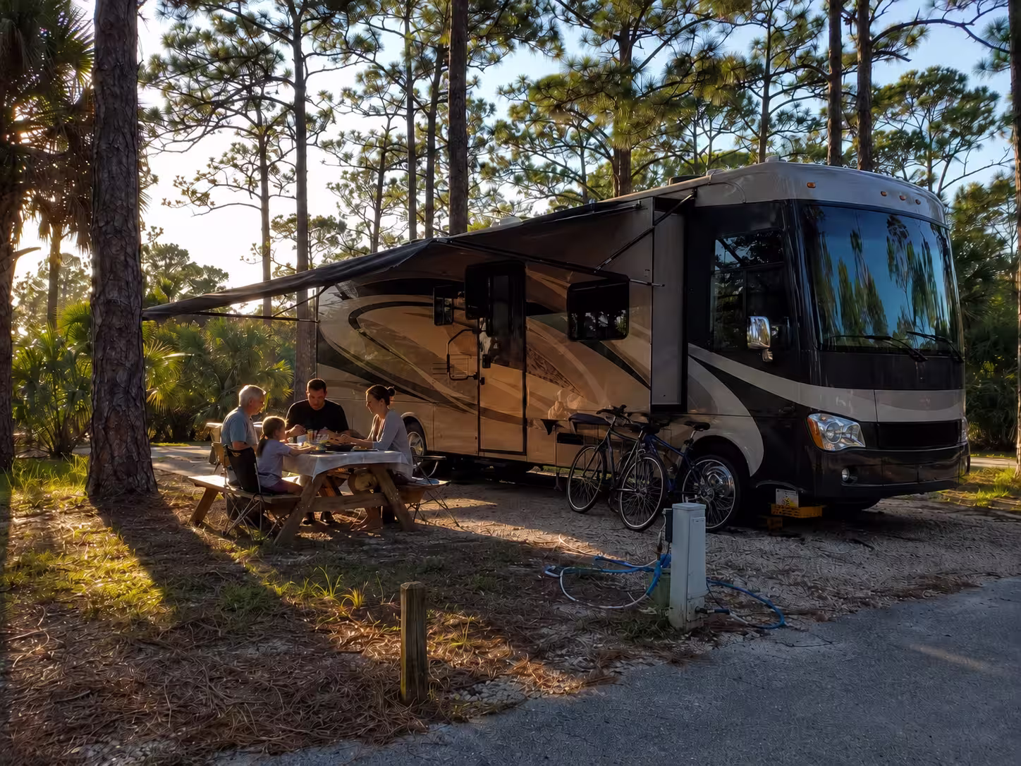 Family at a South Florida RV park site beside a Class A motorhome