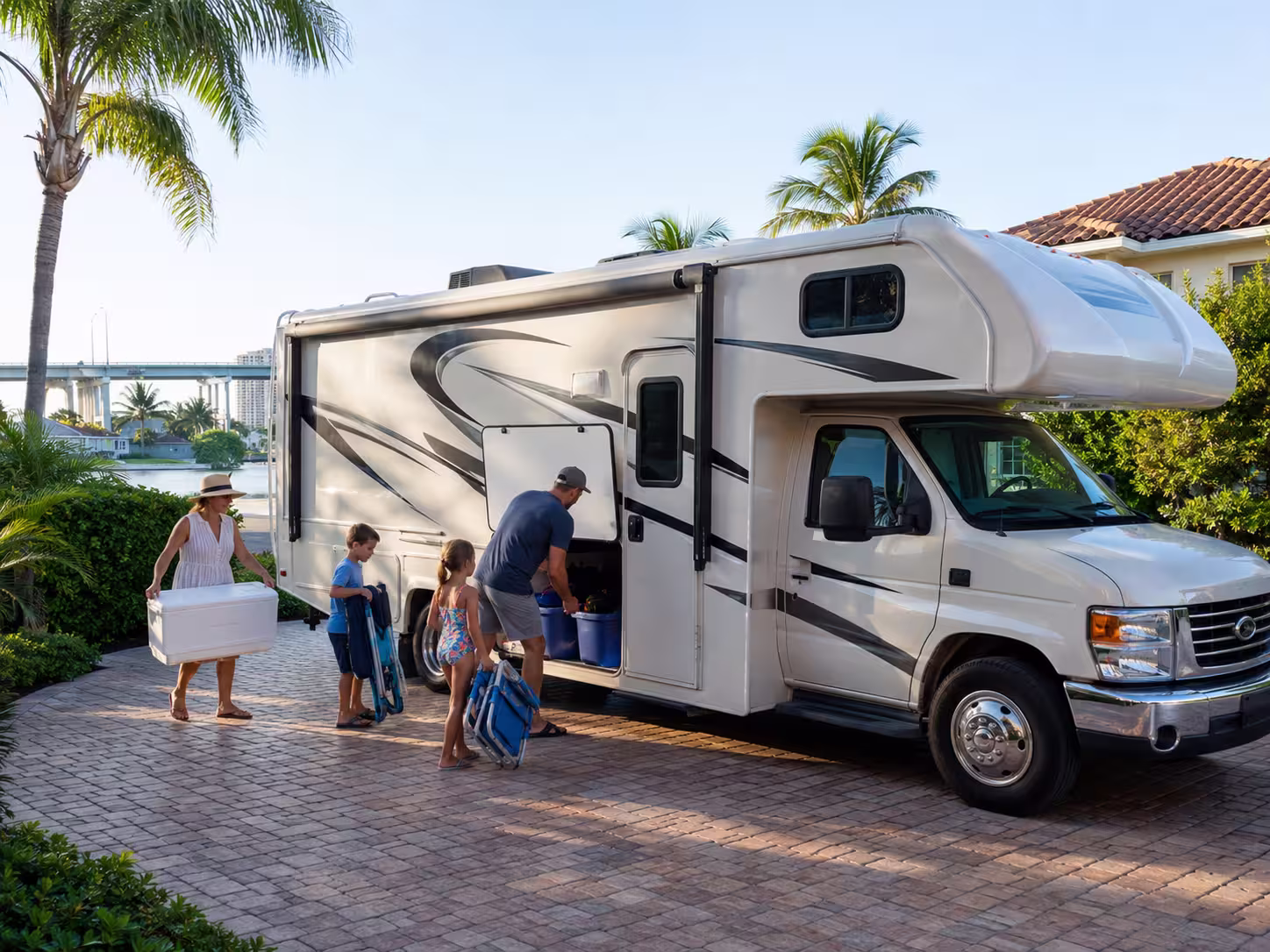 Class C motorhome loaded for a family trip in Ft. Lauderdale