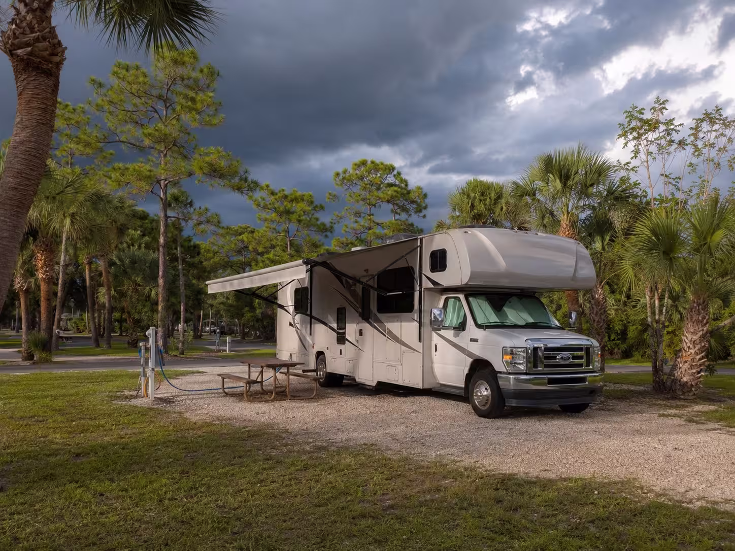 Class C motorhome at a South Florida campground site