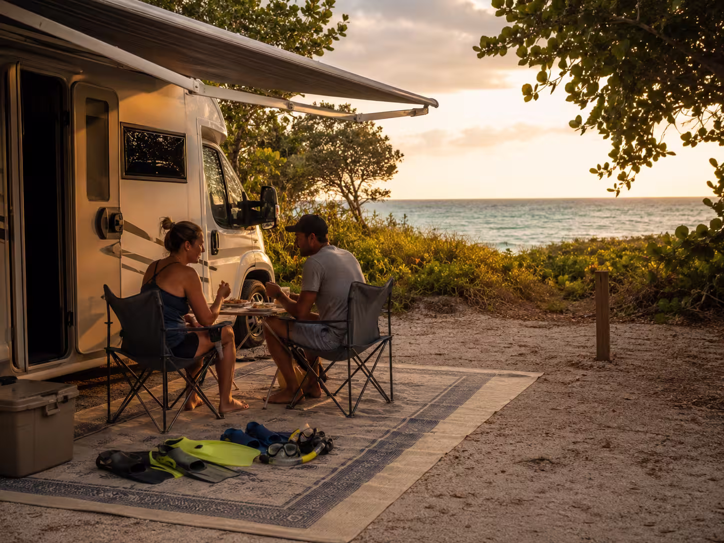 Camper rental set up at an oceanfront Florida campground