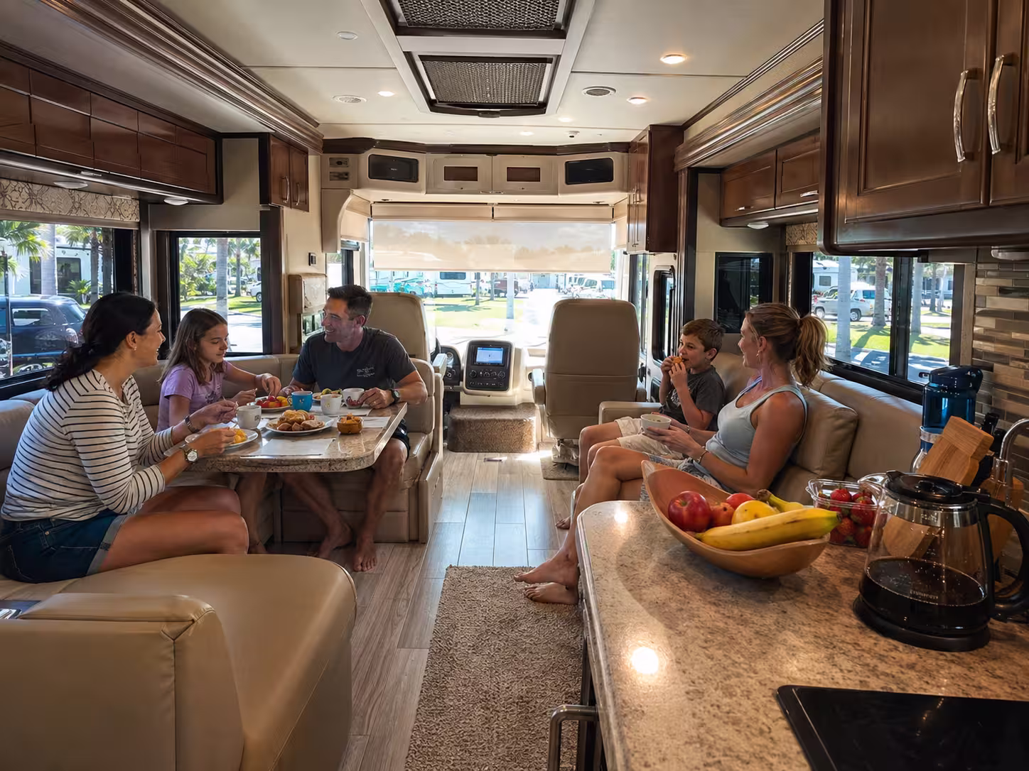Slide-out living area inside a large RV rental in South Florida