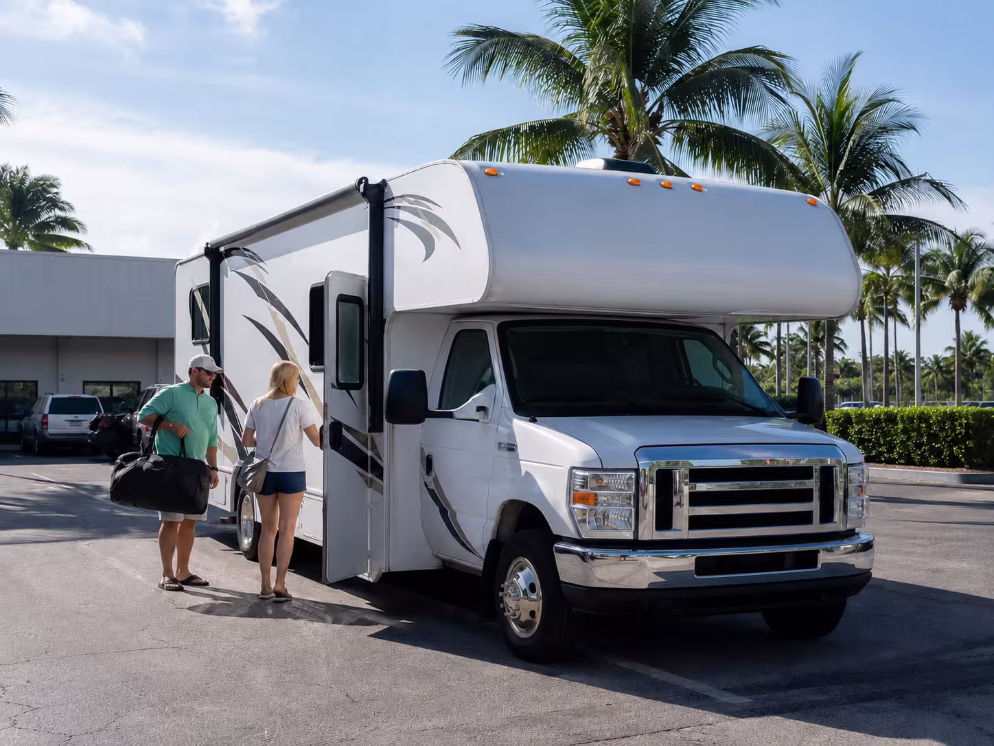 Class C motorhome at a Ft. Lauderdale rental pickup lot