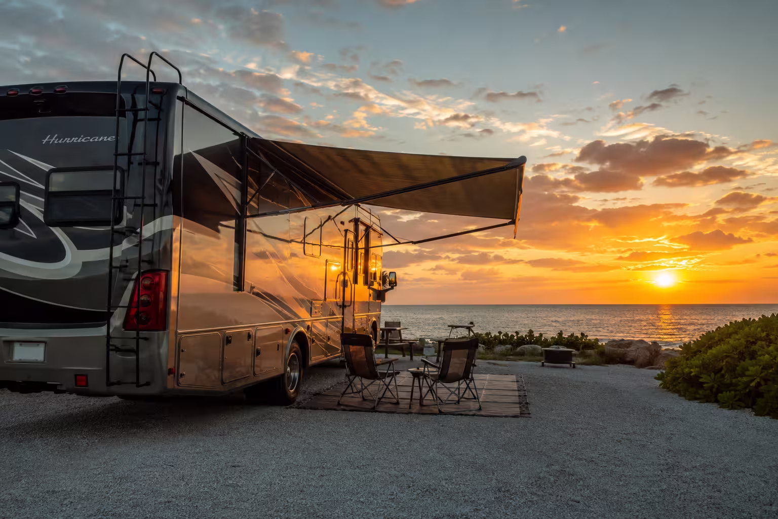 Class A motorhome at a Florida Keys oceanfront campsite