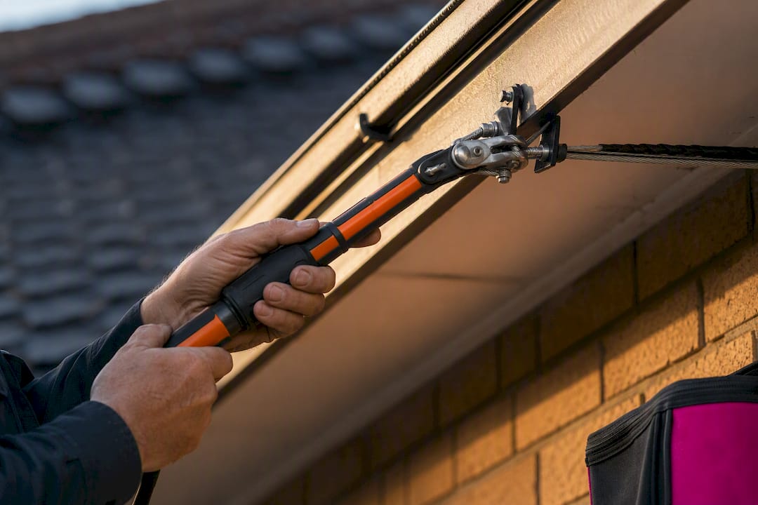Technician inspecting overhead service attachment clamp